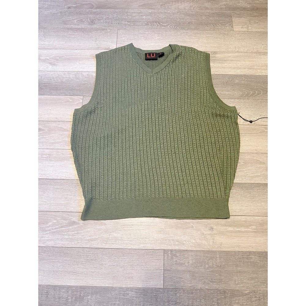 Linea Uomo Sweater Vest Mens XL Green V-Neck Cable Knit Textured‎ Polyester
